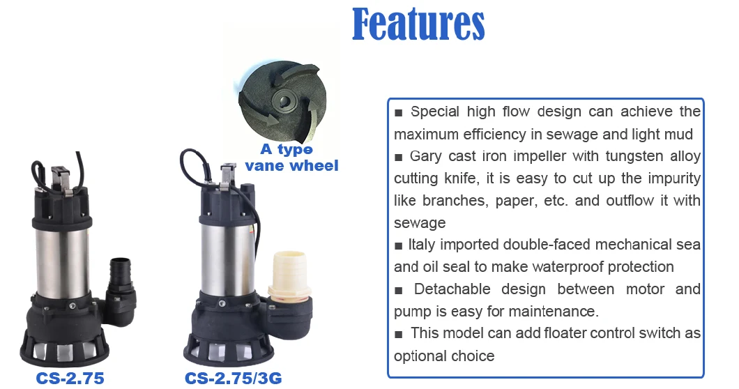 2HP Large Flow Vertical Stainless Steel Cast Iron Electric Automatic Industrial Sewage Waste Water Drainage Centrifugal Submersible Water Lift Pump with Cutter